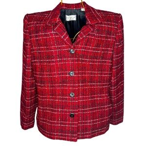 Villager Liz Claiborne Sz 10 Blazer Red Black White Plaid Lined Button Closure
